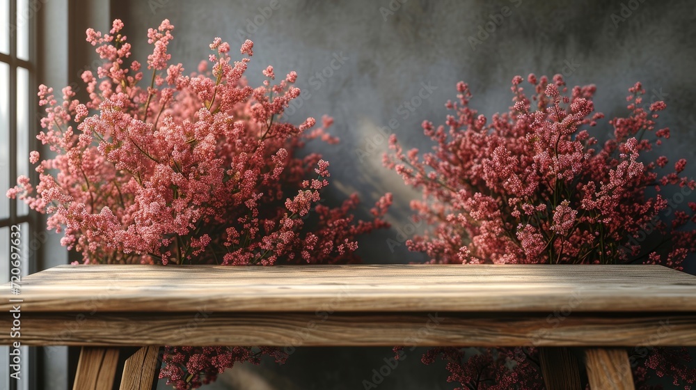 Poster spring pink flowers garden background with empty wooden table top in front for product promotion
