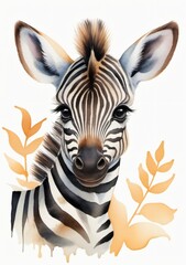Fototapeta na wymiar Watercolor Illustration Of A Portrait Of A Baby Zebra Cub Isolated On White Background