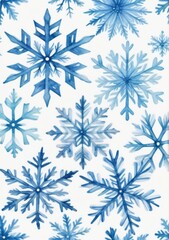 Watercolor Illustration Of Blue Snowflakes Isolated On White Background