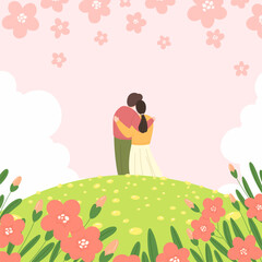 Spring template with cute couple, love. Poster for spring sale, admiring nature. Vacation together. Romance. Vector illustration.