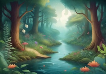Fototapeta na wymiar Childrens Illustration Of Enchanted Forest Scene With Mystical River And Lush Flora. Fantasy And Imagination.