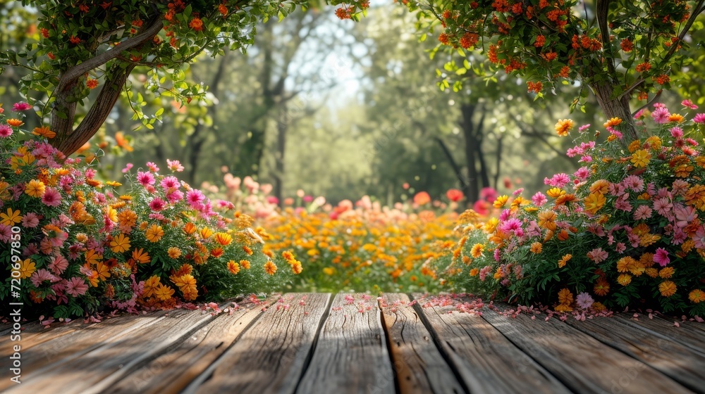 Poster spring wild flowers garden background with empty wooden table top in front for product promotion, su