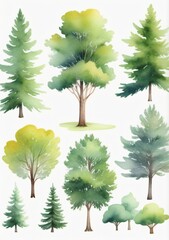 Watercolor Illustration Of A Set Of Watercolor Trees Isolated On White Background