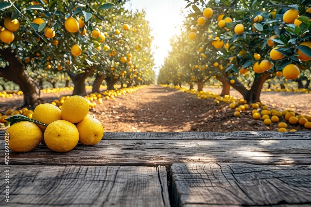 Poster Lemon citrus garden background with empty wooden  table top in front for product promotion 