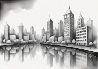 Childrens Illustration Of Black And White Sketch City With Reflection Drawing In Watercolor Pencil.