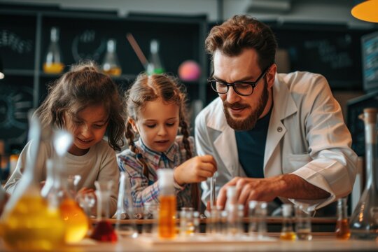 Selective Focus Of Boy And Girl Looking At Test Tubes In Chemistry Class