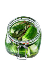 Green pickle cucumbers in a glass jar. Natural product.  Isolated, Transparent background. 