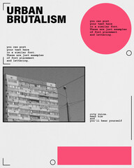 Exhibition poster for photography series on Brutalist architecture. Monochrome image of building...