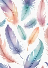 Watercolor Illustration Of Pastel Feathers Isolated On White Background