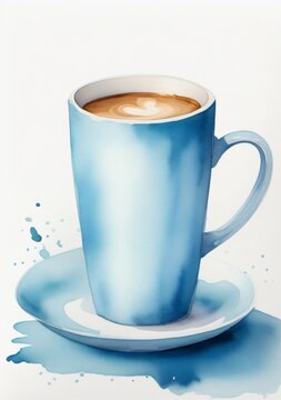 Watercolor Illustration Of A Coffee Mug Blue Color Isolated On White Background
