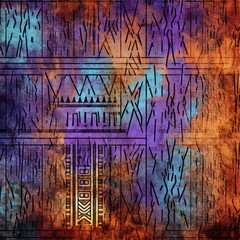 Copper, lavender, and cerulean seamless African pattern, tribal motifs grunge texture on textile