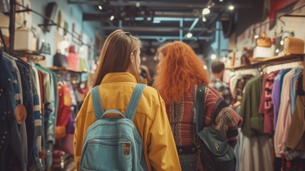 Obraz premium happy people in the paradise of vintage stores who feel the charm of fashion trends of the 80s and 90s among things in a secondhand store