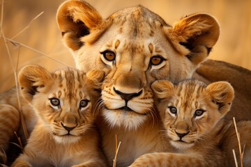 Obraz premium mother lioness with her young ones, little lion cubs, cuddles together. family, motherhood in animals. wildlife.