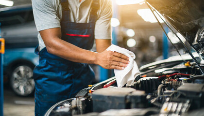 Auto mechanic, bathed in low lighting, wipes hands with satisfaction after completing a successful repair in a well-equipped workshop