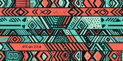 Coral, mint, and ebony seamless African pattern, tribal motifs grunge texture on textile background 