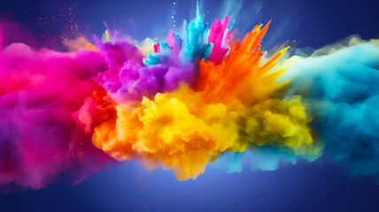 Colorful vibrant rainbow Holi paint color powder festival explosion burst isolated With Blue Background