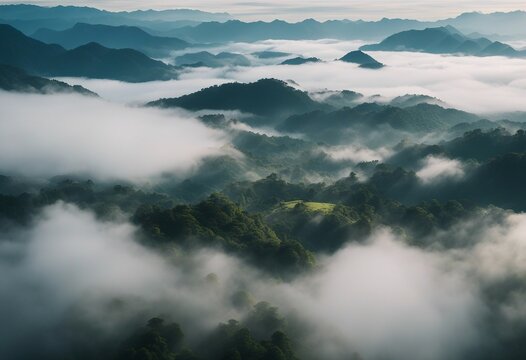Foggy landscape in the jungle Fog and cloud mountain tropic valley landscape aerial view wide misty