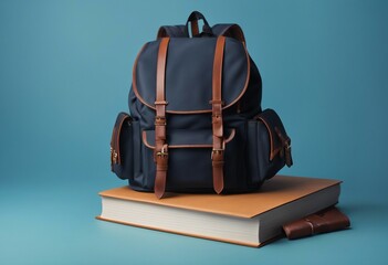 Full school backpack with books isolated on blue background with copy space Back to School concept