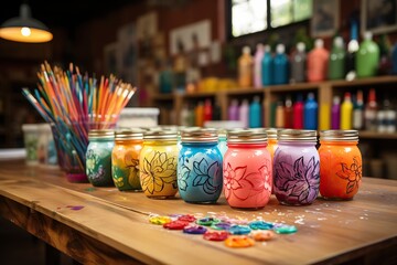 Painted mason jars in various colors on a wooden art table - obrazy, fototapety, plakaty