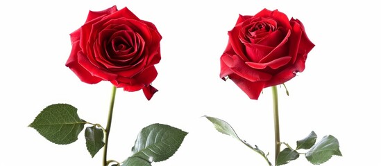 Two Red Roses on Isolated White Background: A Stunning Pair of Red Roses Perfectly Captured in Two Isolated Shots Against a Clean White Background