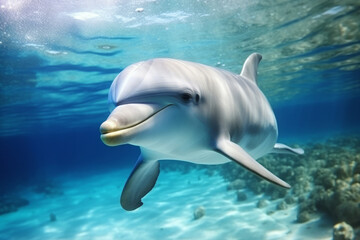 Obraz premium A dolphin swims underwater in the ocean in natural conditions.