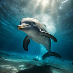 A dolphin swims underwater in the ocean in natural conditions.