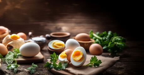 Obraz na płótnie Canvas boiled eggs with herbs on a wooden table.