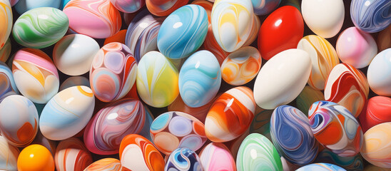 Easter eggs as background, close-up. colorful chicken eggs. vibrant color. view from above. illustration. - obrazy, fototapety, plakaty