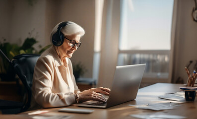 an elderly gray-haired woman in headphones works in the office at a laptop