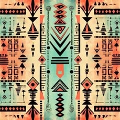 Coral, mint, and ebony seamless African pattern, tribal motifs grunge texture on textile background 
