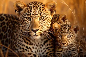 mother leopard with her young ones. litter of kittens. female and little leopard cub cuddles together. family, motherhood in animals. wildlife.