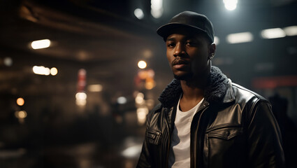 Casually dressed rapper in a baseball cap white t-shirt 
and leather jacket. Portrait of a hip hop artist with copy space
