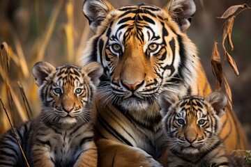 mother tigress with her young ones, little tiger cubs, cuddles together. family, motherhood in animals. - obrazy, fototapety, plakaty