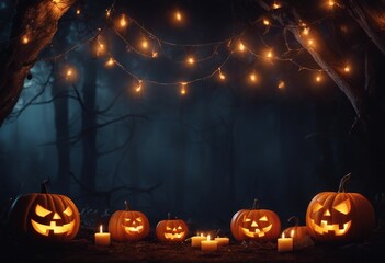 Halloween party Wooden banner with pumpkin head jack lanterns burning candles bats in dark spooky my