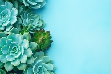succulents on the aquamarine background, copy space, top view. Echeveria, stone rose.