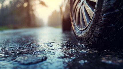 Car wheel on a wet asphalt road in the morning