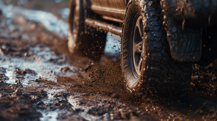 Close up of tires in the mud. Car driving offroad
