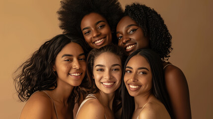 Fototapeta premium Smiling women are huddled closely together, portraying a warm, friendly, and diverse group.