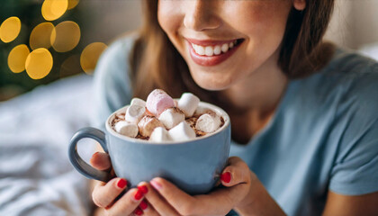 woman relaxes on bed, holding steaming hot chocolate with marshmallows, creating a warm and comforting atmosphere