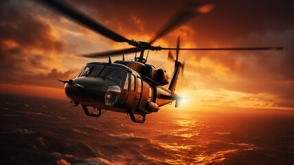 A military helicopter flies over the ocean at sunset