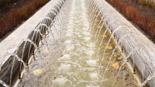 Working fountain of a long row of jets with illuminate