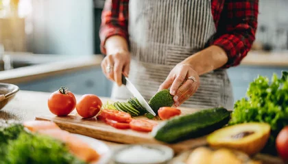 Fotobehang woman joyfully prepares a nutritious meal in a bright kitchen, embodying health and wellness with fresh ingredients and vibrant cooking © Your Hand Please