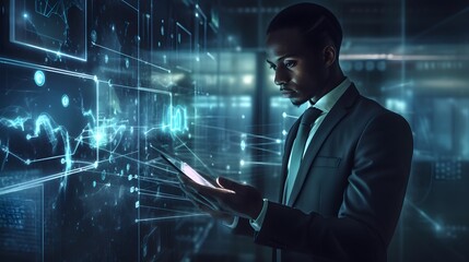 businessman using a tablet to analyze complex data sets in real-time