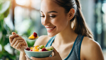 female athlete enjoys a vibrant fruit salad, embodying health, wellness, and the joy of nourishing her body with wholesome nutrition