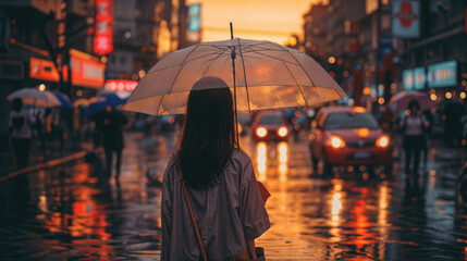 Young asian woman with umbrella in the street at evening, back view.