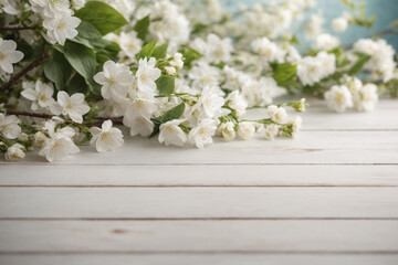 white cherry blossom and wooden background.