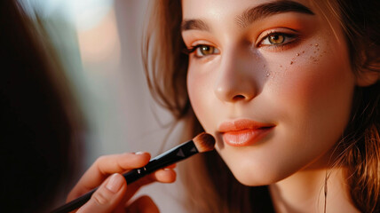 Obraz premium makeup application on the model by a professional makeup artist. close-up of the process. preparation of the model for shooting. Generative AI