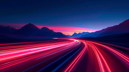A turn of the night highway among the mountains and hills. long exposure photo turns the light from the cars off the line. dinomic and colorful scene. Generative AI - obrazy, fototapety, plakaty