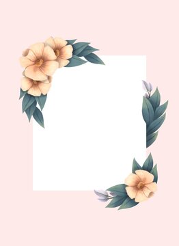 Postal con recuadro blanco y flores ilustradas color rosa con hojas verdes, fondo rosa, tarjeta ilustrada para el d&iacute;a internacional de la mujer, invitaci&oacute;n para boda, postal para el d&iacute;a de las madres
