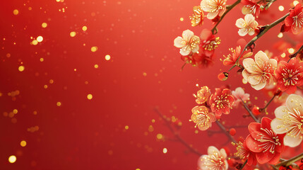 A vibrant red background adorned with red plum blossoms and branches, accented with shimmering golden highlights and bokeh effects.